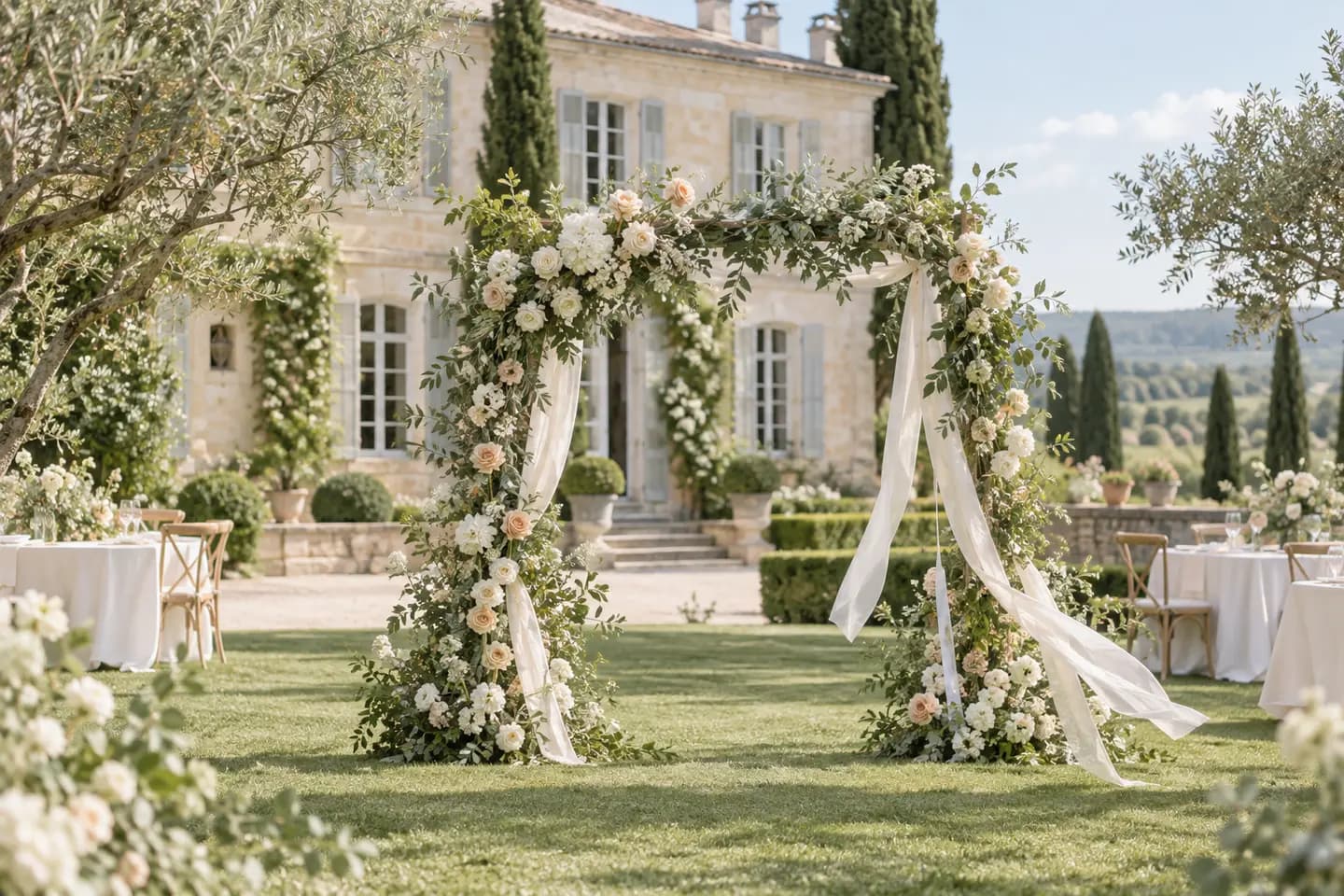 Un décor de réception de mariage romantique dans un jardin, illustration Invayra