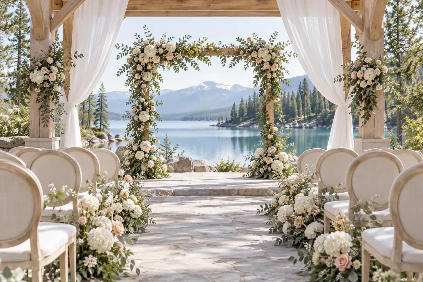 A romantic lakeside wedding reception, an Invayra illustration